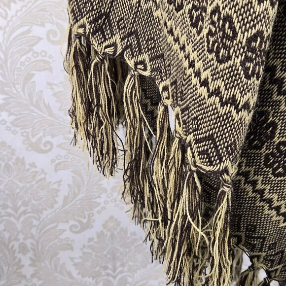 One Size Brown Cream Chevron Striped Poncho Rainbow Embroiderd Tassels Fringe - Picture 6 of 11